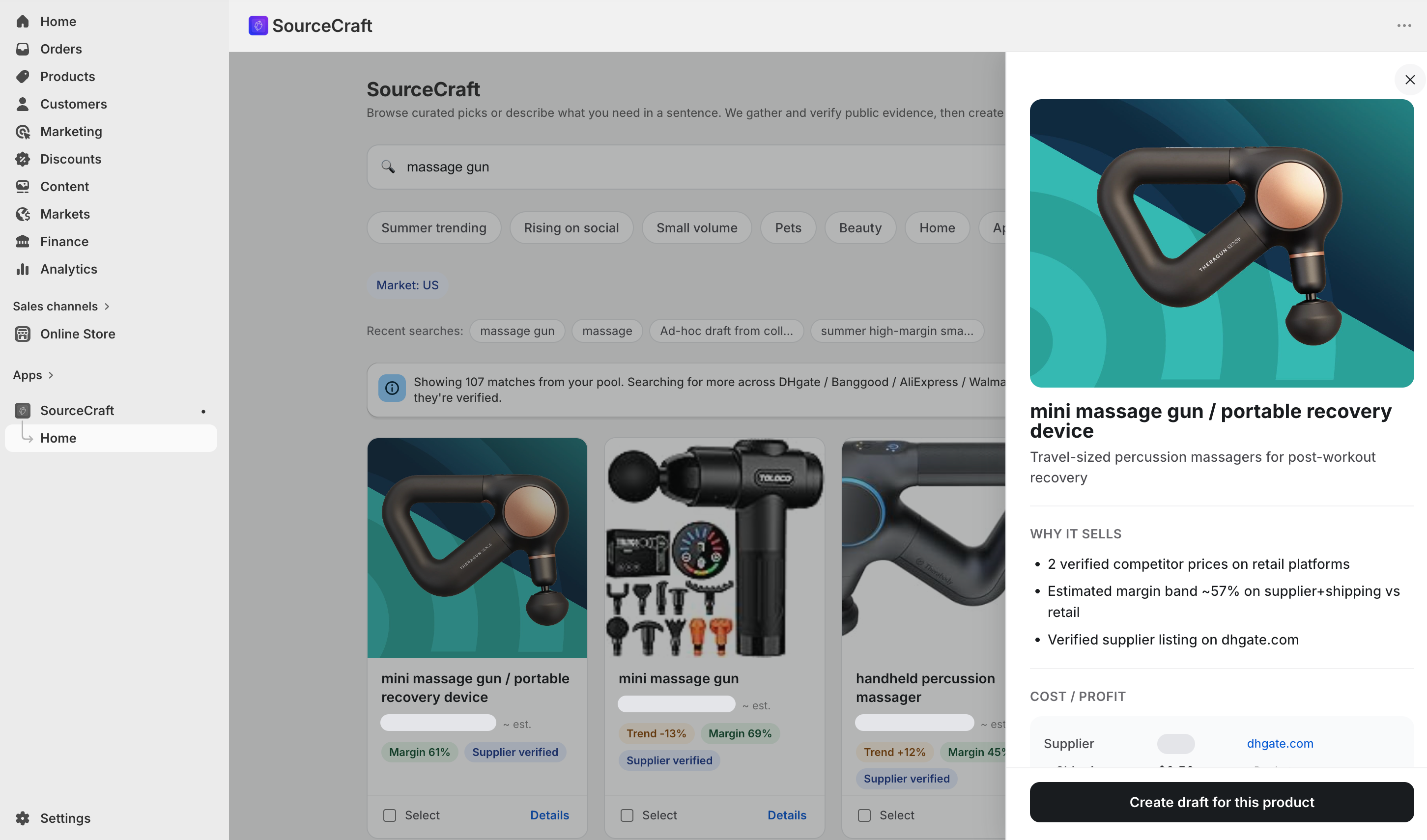 SourceCraft product detail panel: the evidence trail behind one pick — verified competitor prices, estimated margin band, the supplier listing, and a 'Create draft for this product' button.