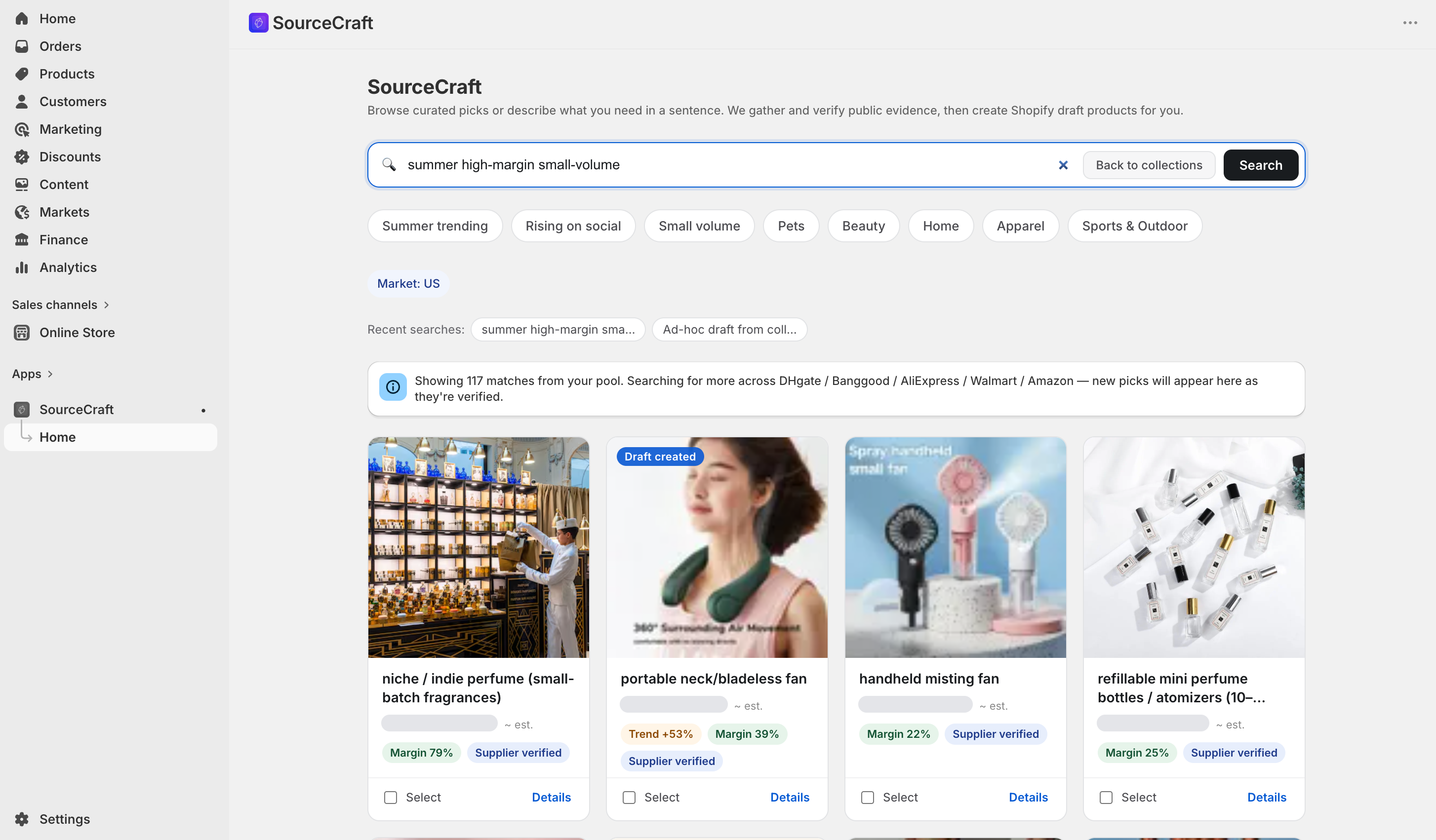 SourceCraft inside Shopify admin: a ranked product shortlist with real product photos, margin bands, and 'Supplier verified' badges from one natural-language query.